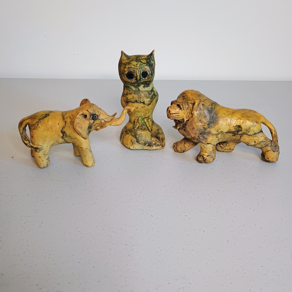 3 Handcrafted Crushed Oyster Shell art figurines lion, elephant, owl, vintage